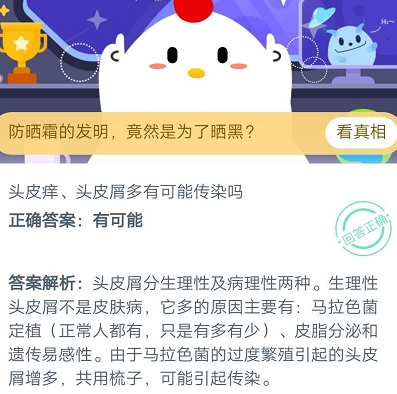 《支付宝》头皮痒、头皮屑多有可能传染吗2020年11月19日蚂蚁庄园今日每日一题答案